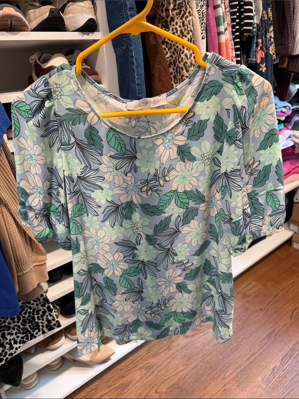 LOFT Light Blue Floral Short Sleeve Blouse with Green Leaves